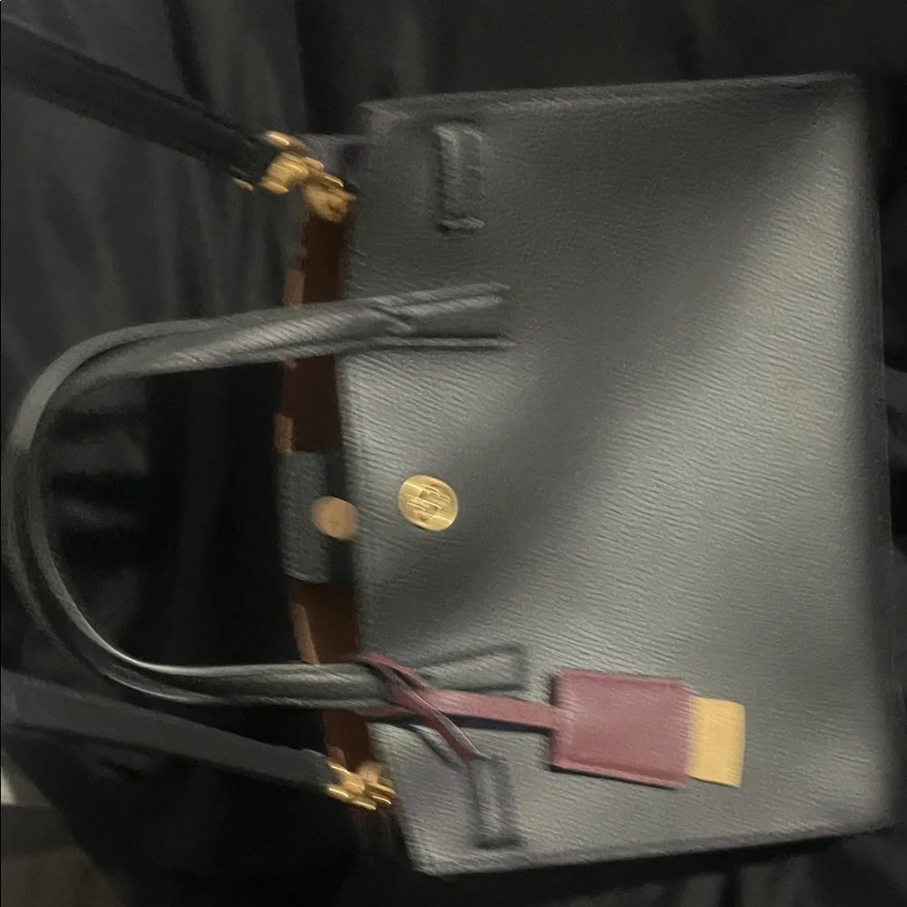 Tory Burch Black Satchel with Burgundy Tag and Gold Hardware